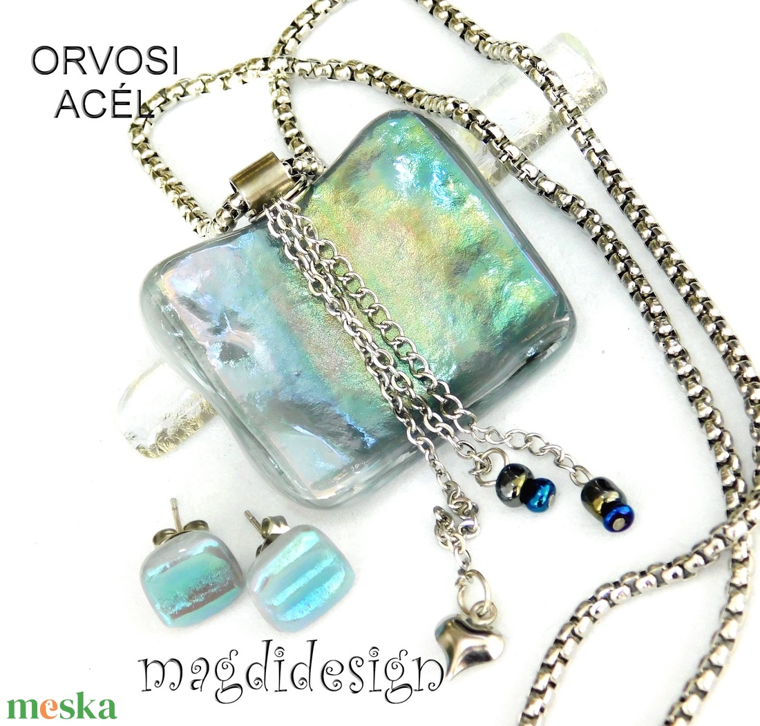 Ezüst-türkiz-arany mélység selyemcukor üvegékszer szett medál stiftes fülbevaló - ékszer - ékszerszett - Meska.hu
