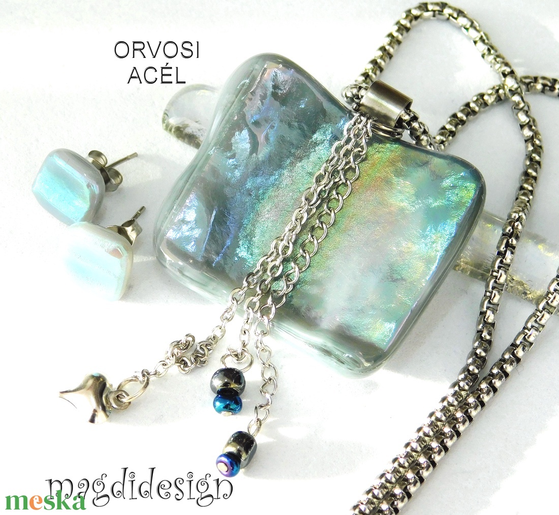 Ezüst-türkiz-arany mélység selyemcukor üvegékszer szett medál stiftes fülbevaló - ékszer - ékszerszett - Meska.hu