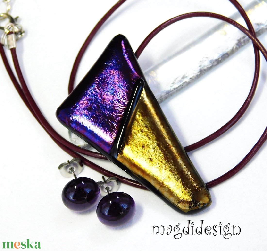 Óarany-bíbor csillogás üvegékszer szett nyaklánc stiftes fülbevaló - ékszer - ékszerszett - Meska.hu