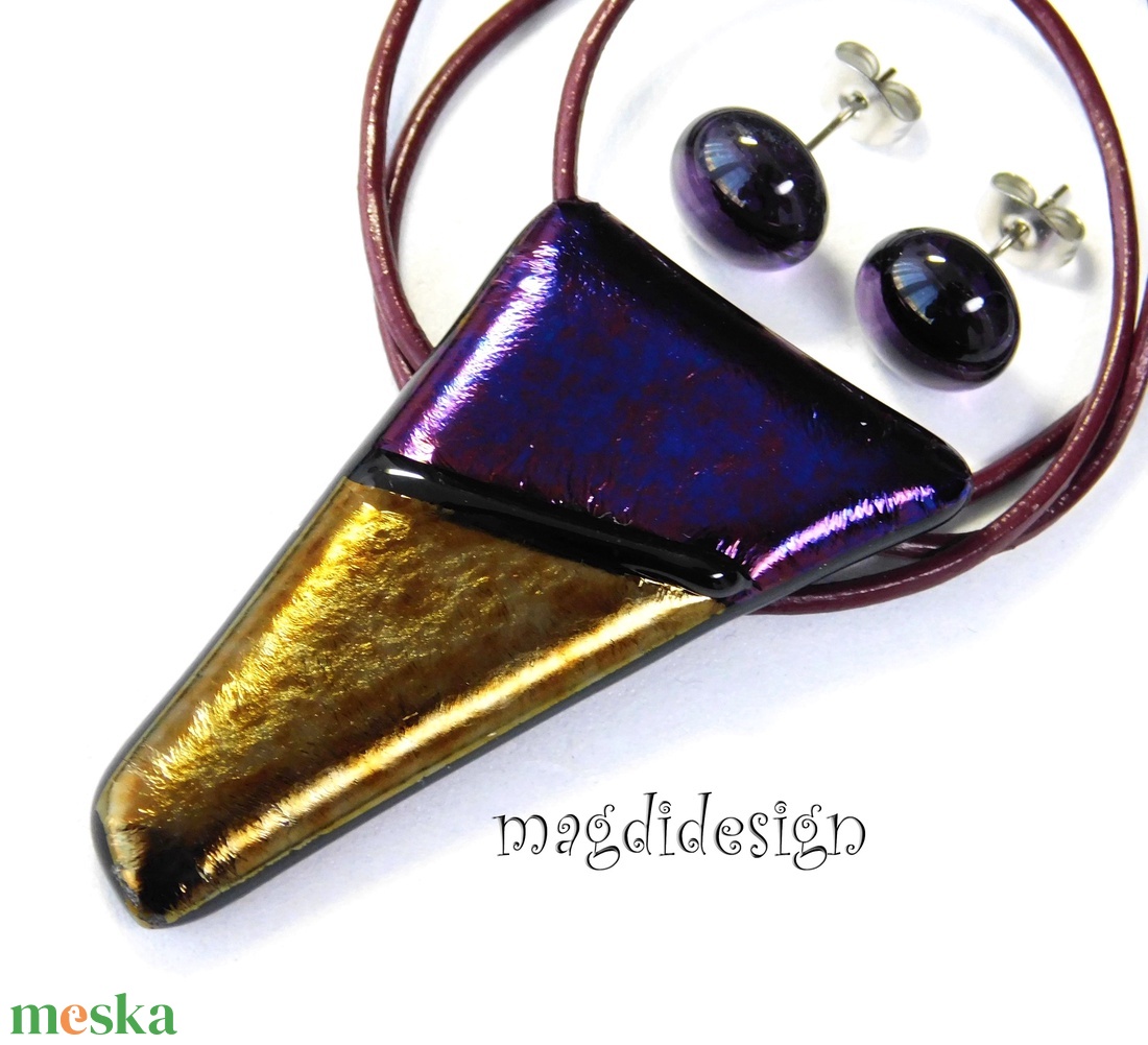 Bíbor-óarany csillogás üvegékszer szett nyaklánc stiftes fülbevaló - ékszer - ékszerszett - Meska.hu