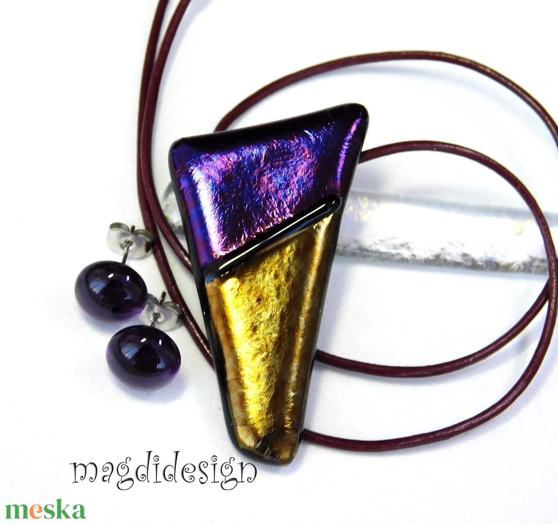 Bíbor-óarany csillogás üvegékszer szett nyaklánc stiftes fülbevaló - ékszer - ékszerszett - Meska.hu