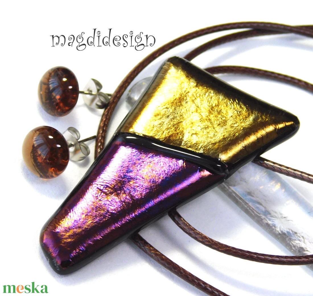 Óarany-bíbor csillogás üvegékszer szett nyaklánc stiftes fülbevaló - ékszer - ékszerszett - Meska.hu