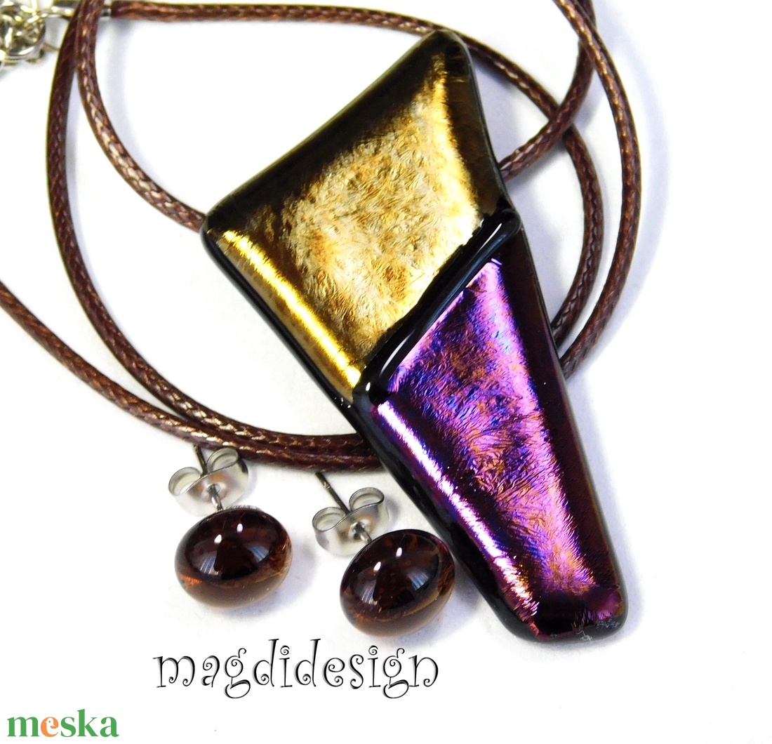 Óarany-bíbor csillogás üvegékszer szett nyaklánc stiftes fülbevaló - ékszer - ékszerszett - Meska.hu