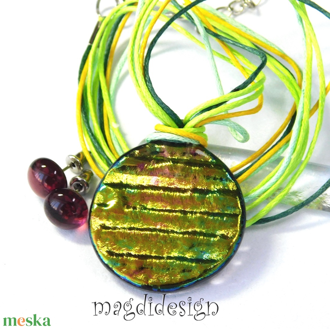 Aranyló zöld-mályva selyemcukor üvegékszer szett nyaklánc stiftes  - ékszer - ékszerszett - Meska.hu