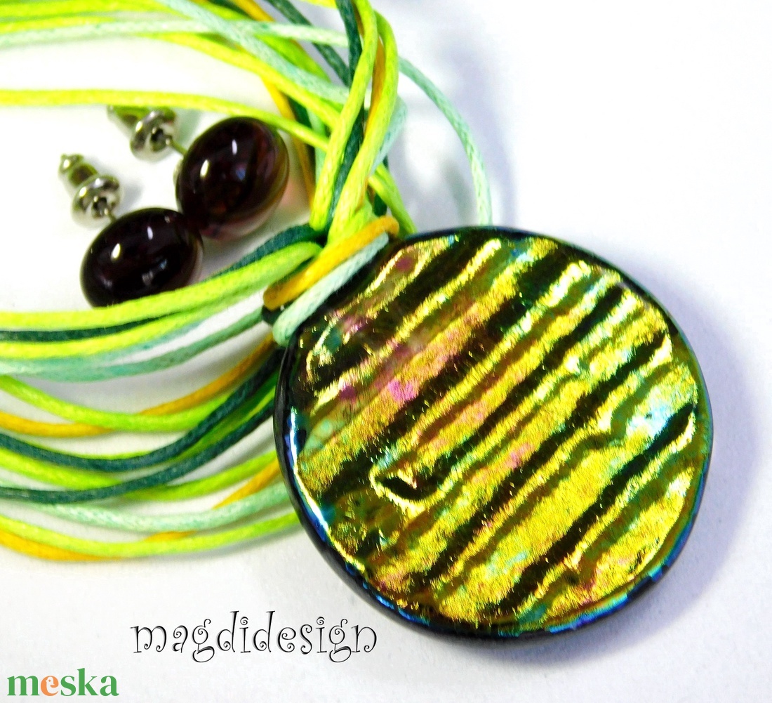 Aranyló zöld-mályva selyemcukor üvegékszer szett nyaklánc stiftes  - ékszer - ékszerszett - Meska.hu