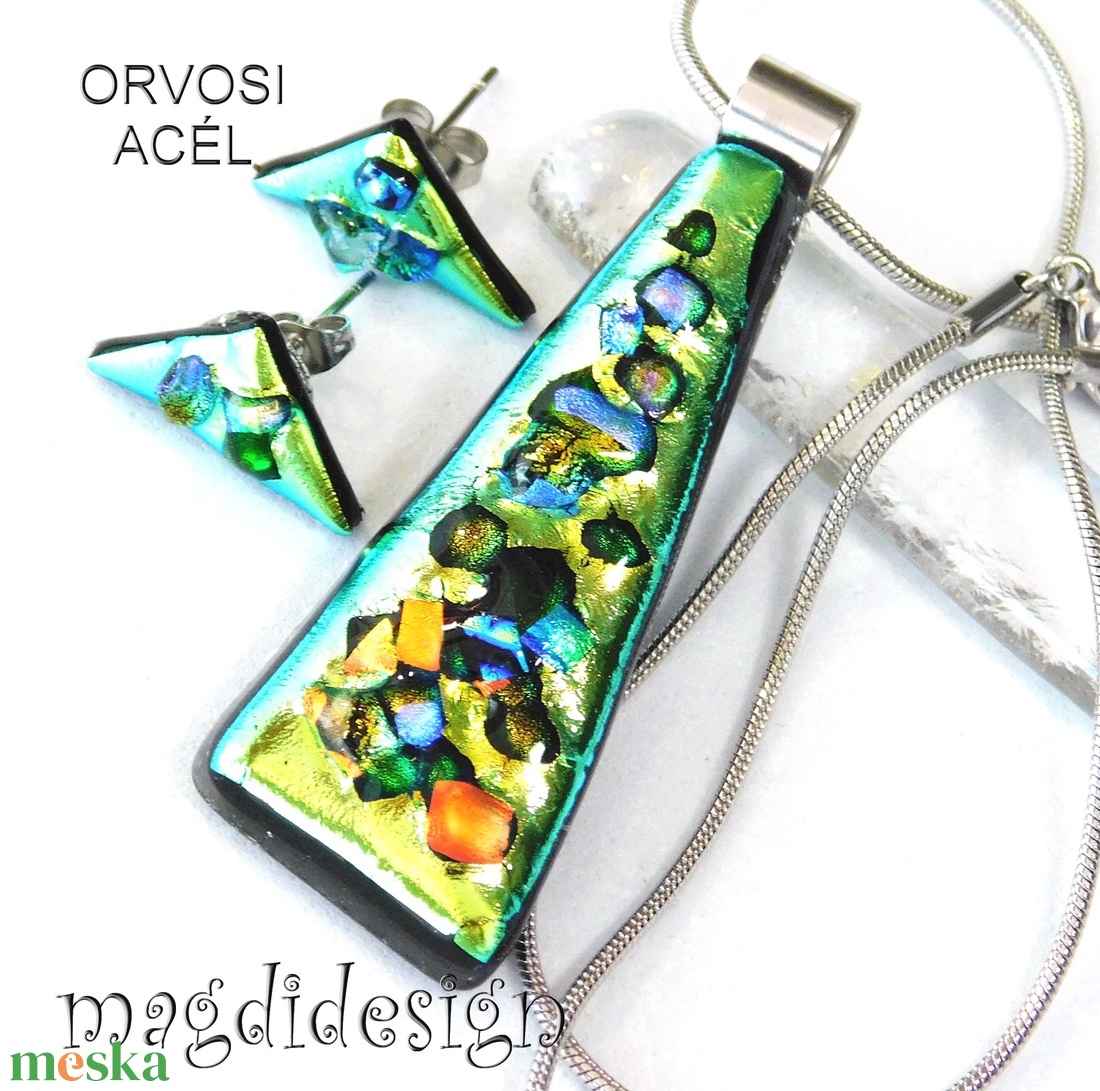 Zöld köves színjáték dichroic üvegékszer szett nyaklánc fülbevaló - ékszer - ékszerszett - Meska.hu