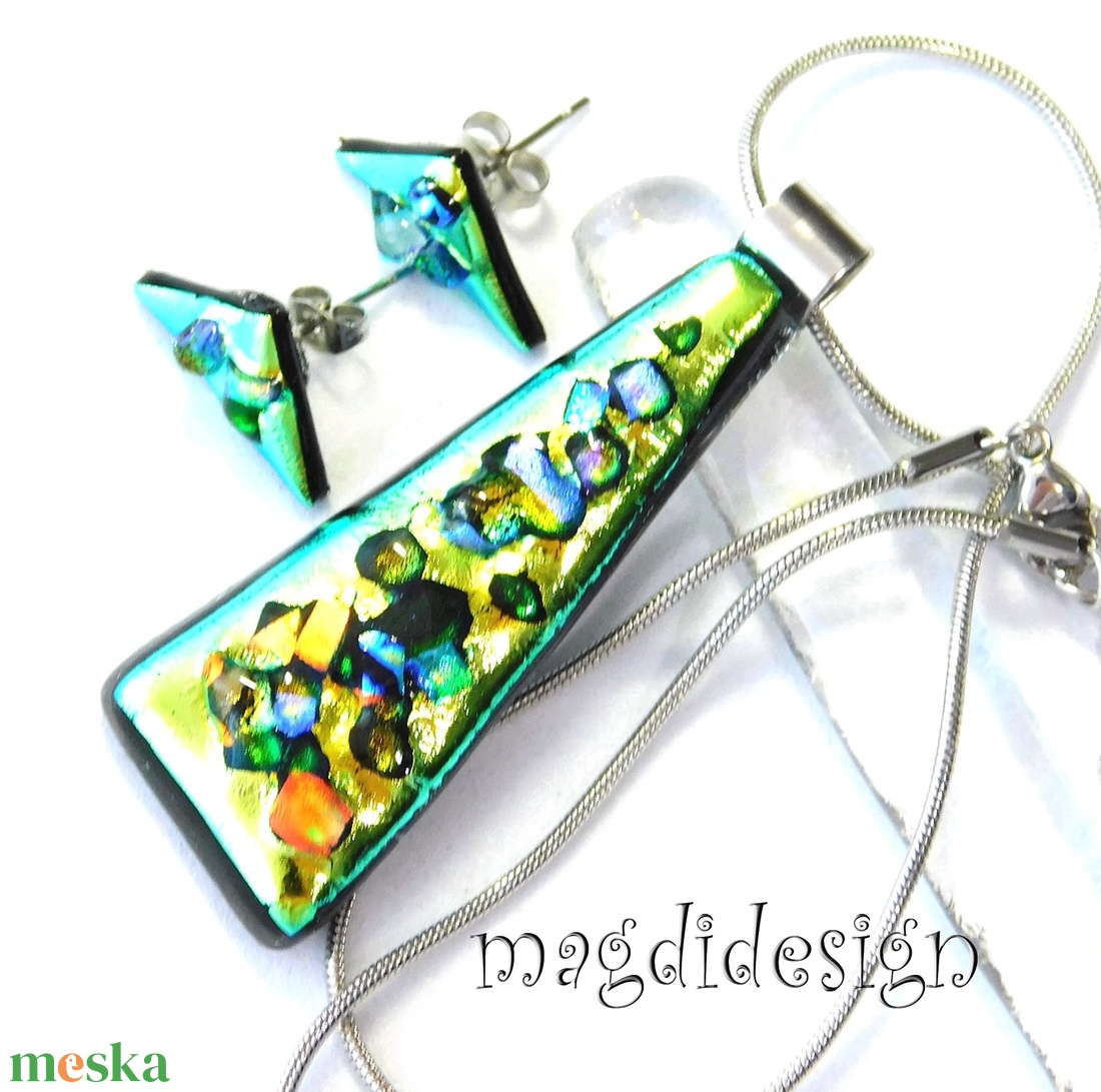 Zöld köves színjáték dichroic üvegékszer szett nyaklánc fülbevaló - ékszer - ékszerszett - Meska.hu