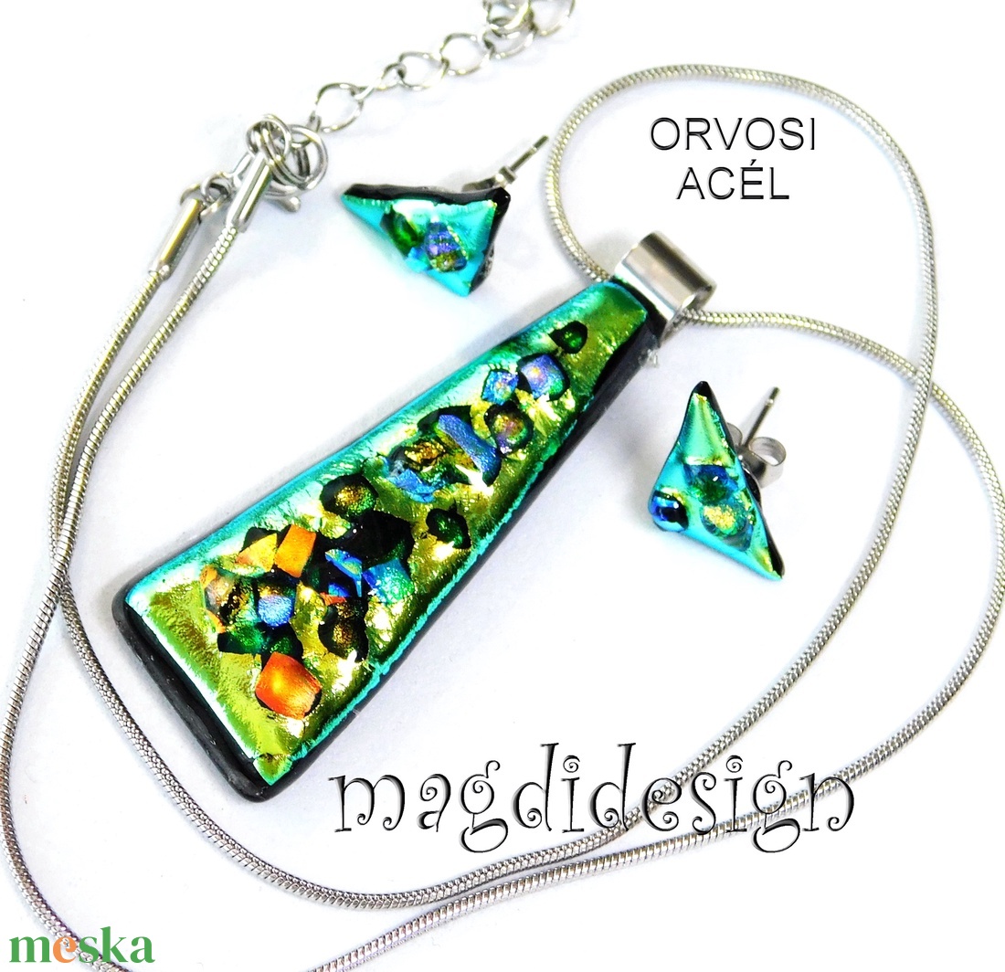 Zöld köves színjáték dichroic üvegékszer szett nyaklánc fülbevaló - ékszer - ékszerszett - Meska.hu
