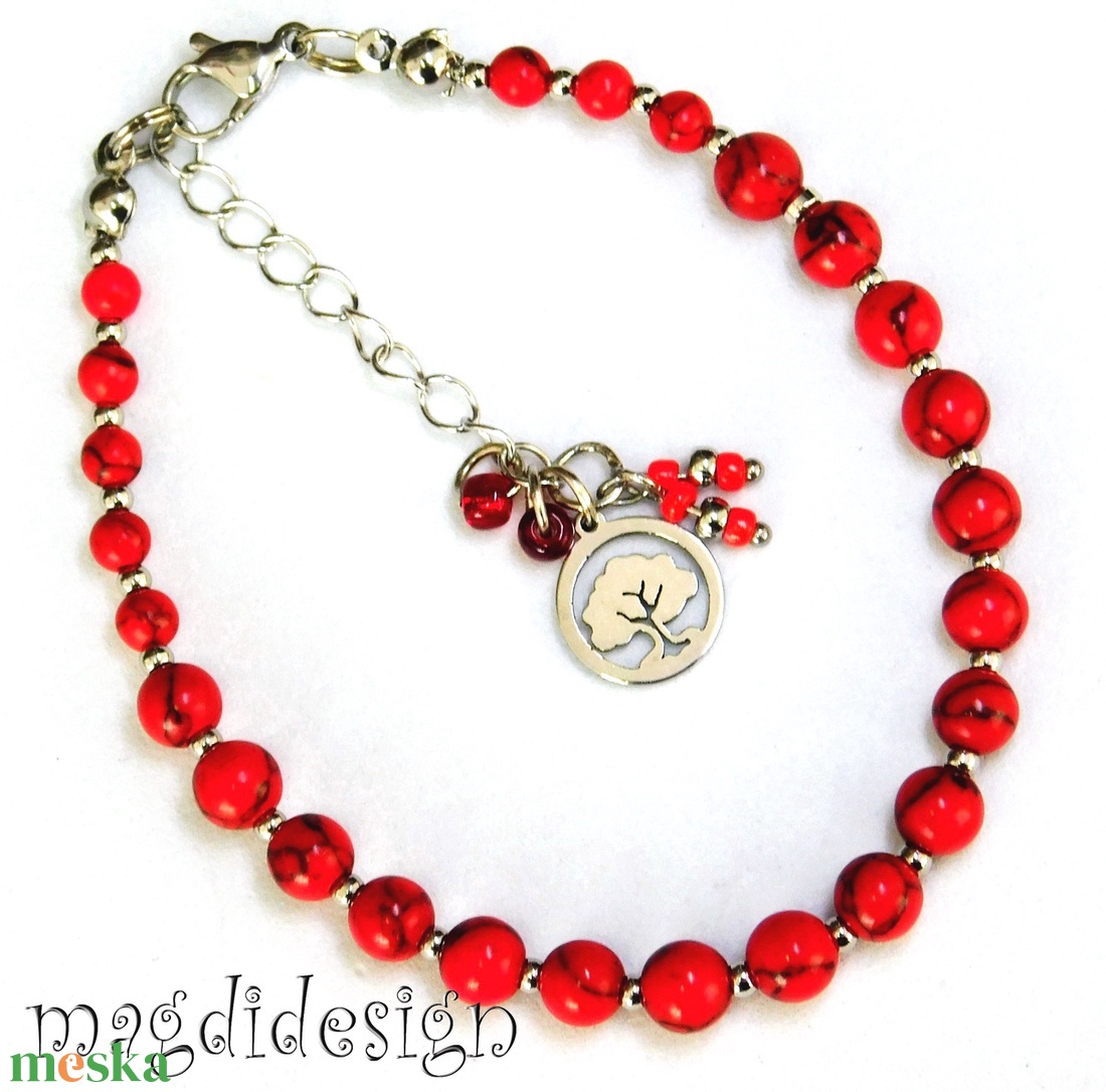 Meggypiros ásványköves üvegékszer szett nyaklánc, stiftes fülbevaló - ékszer - ékszerszett - Meska.hu