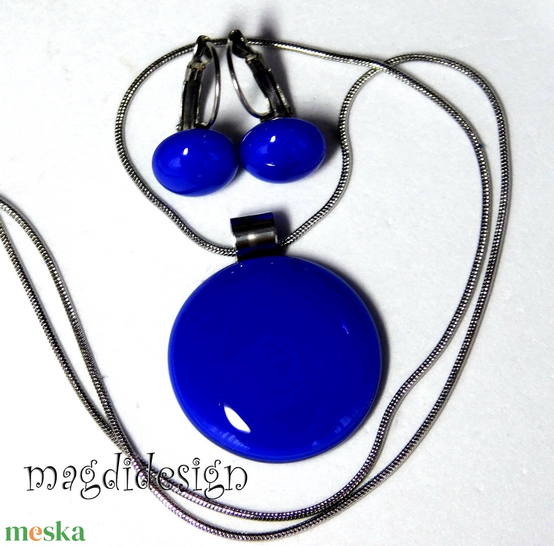 Királykék üvegékszer szett, nyaklánc, kapcsos fülbevaló  - ékszer - ékszerszett - Meska.hu