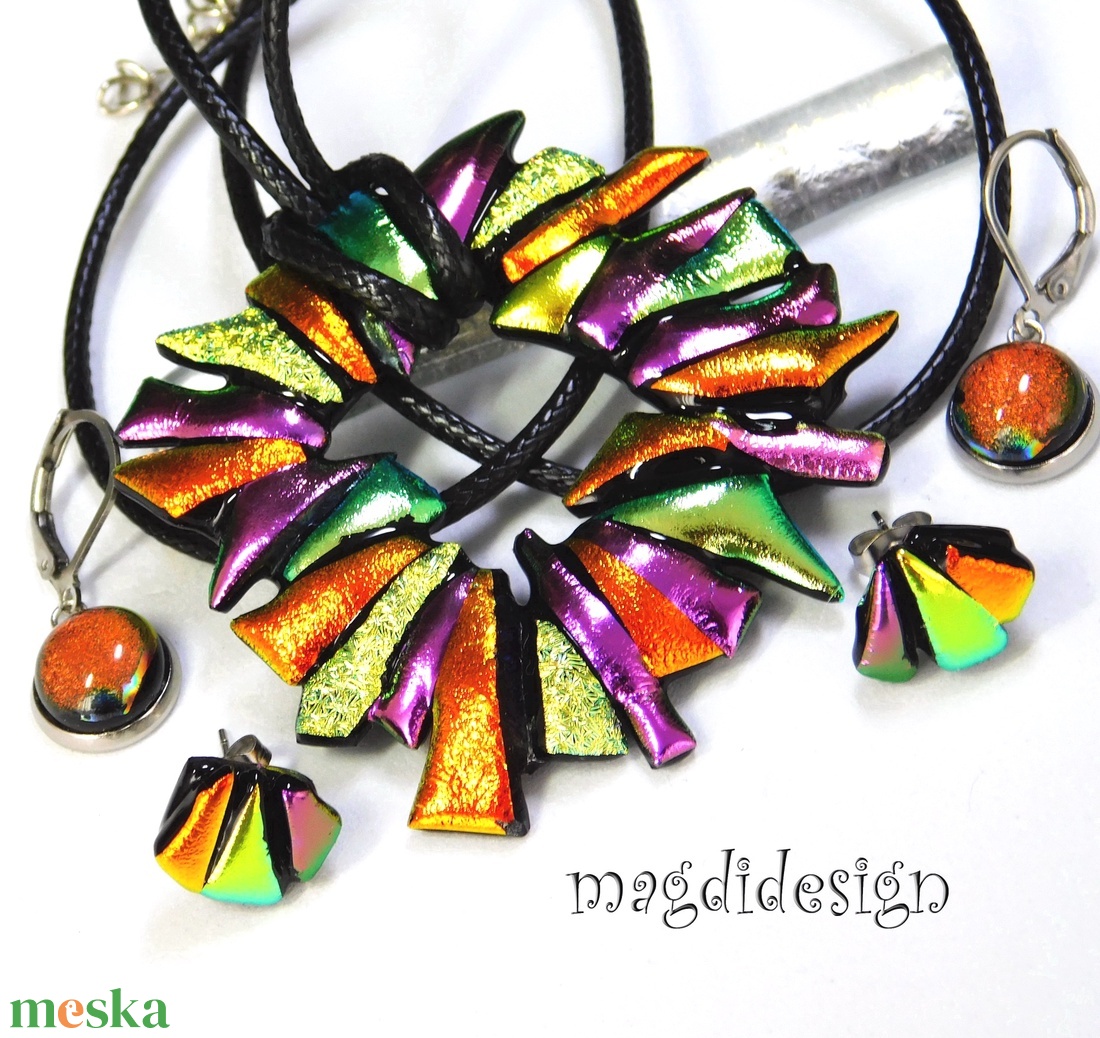 MAXI narancs-arany-rózsaszín dichroic üvegékszer szett nyaklánc fülbevaló  - ékszer - ékszerszett - Meska.hu