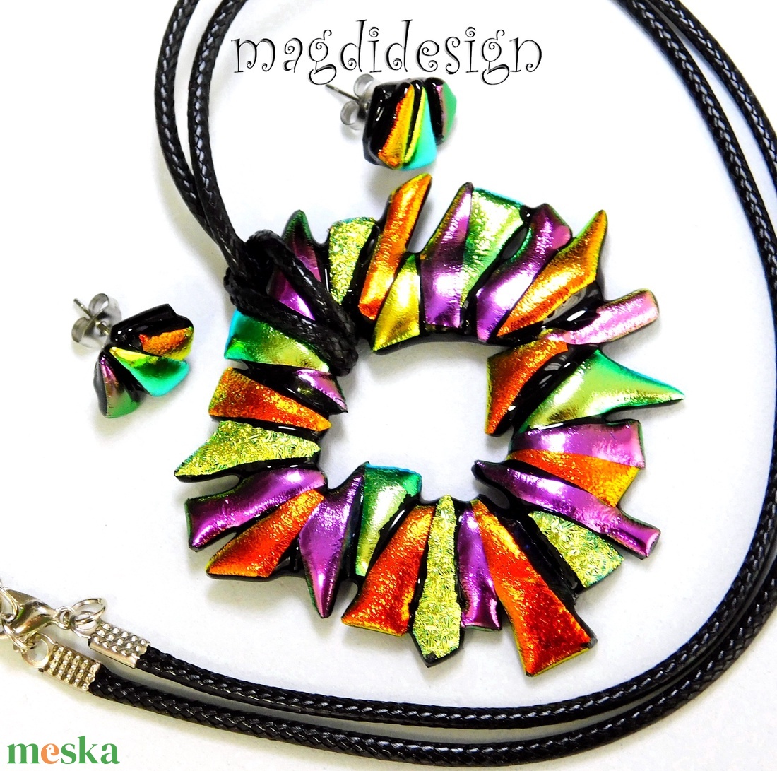 MAXI narancs-arany-rózsaszín dichroic üvegékszer szett nyaklánc fülbevaló  - ékszer - ékszerszett - Meska.hu