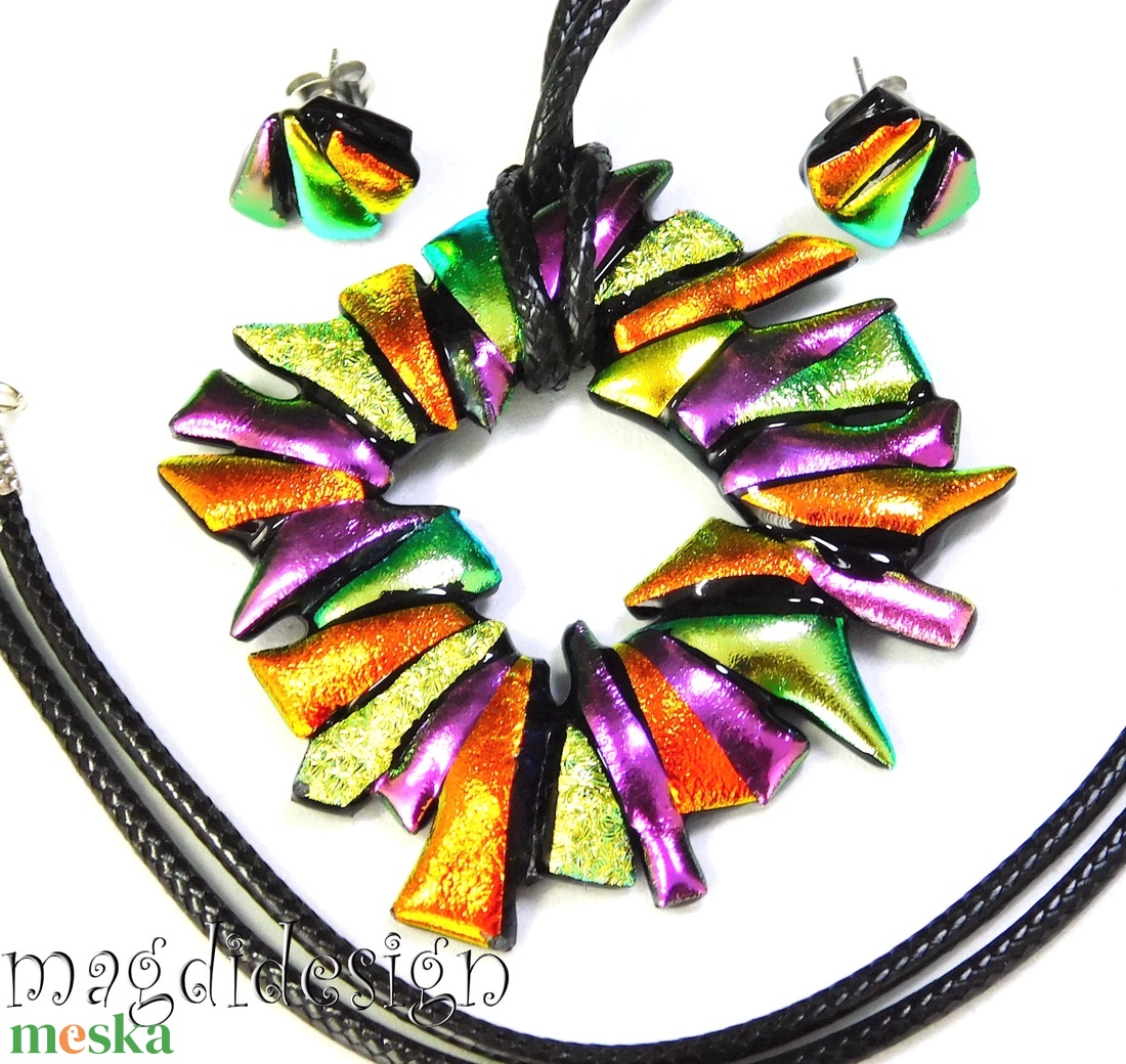 MAXI narancs-arany-rózsaszín dichroic üvegékszer szett nyaklánc kapcsos fülbevaló  - ékszer - ékszerszett - Meska.hu