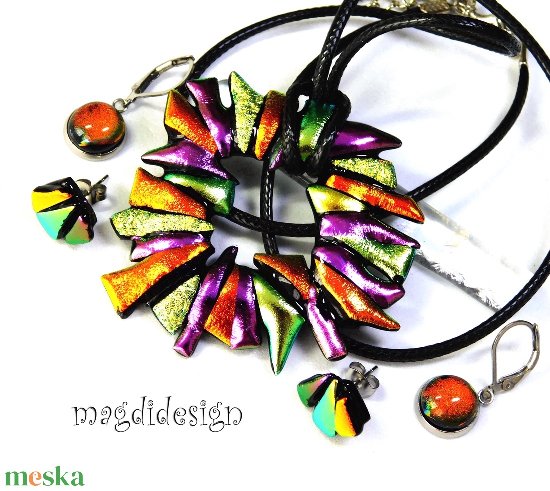 MAXI narancs-arany-rózsaszín dichroic üvegékszer szett nyaklánc fülbevaló  - ékszer - ékszerszett - Meska.hu