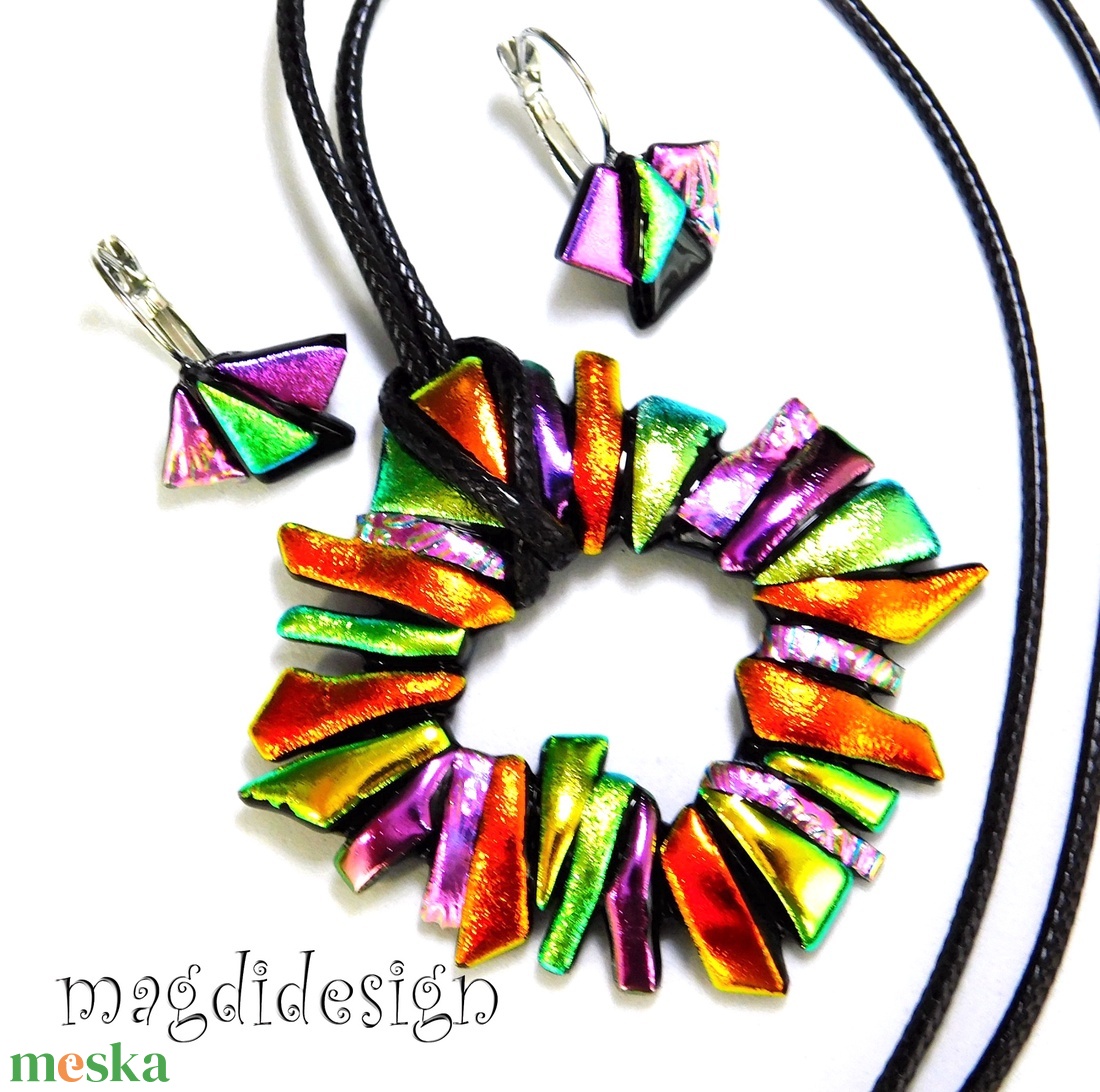 MAXI narancs-arany-rózsaszín dichroic üvegékszer szett nyaklánc kapcsos fülbevaló 1 - ékszer - ékszerszett - Meska.hu