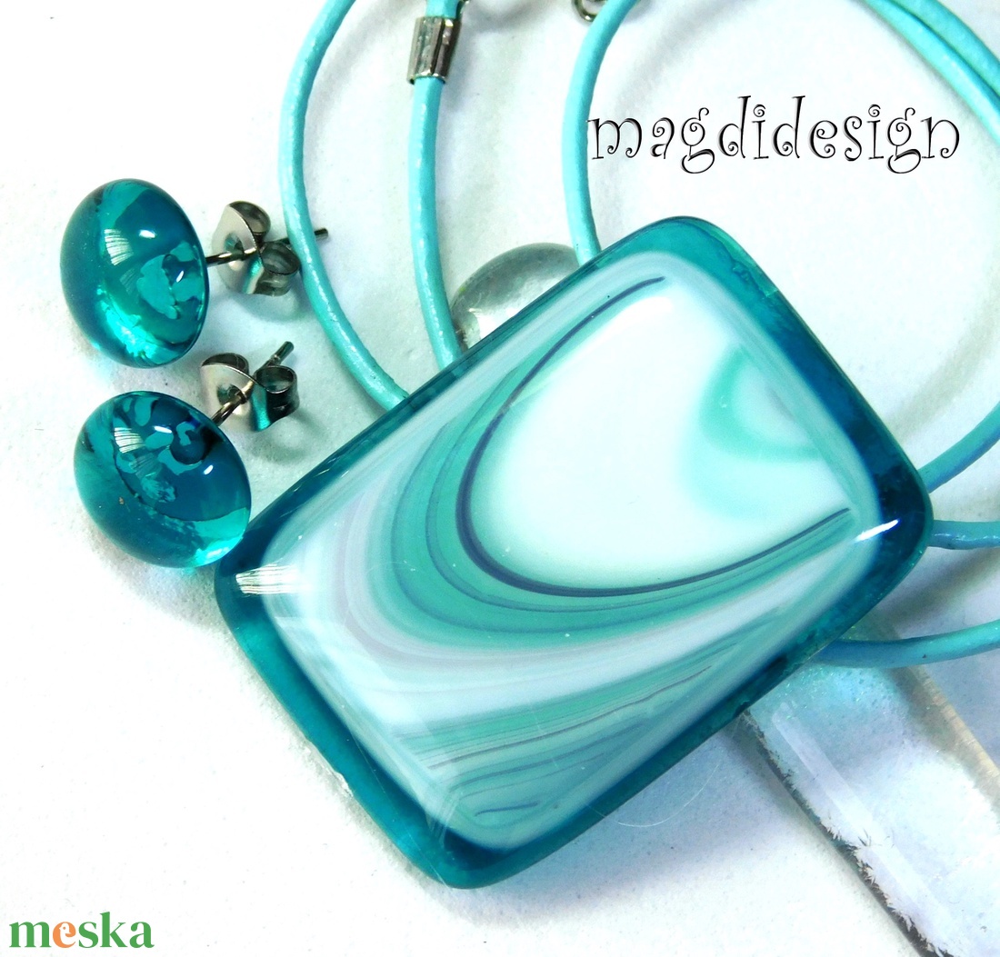 Türkizes hullámzás, üvegékszer szett nyaklánc pötty fülbevaló 1 - ékszer - ékszerszett - Meska.hu