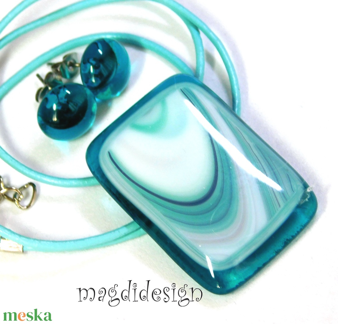 Türkizes hullámzás, üvegékszer szett nyaklánc pötty fülbevaló 1 - ékszer - ékszerszett - Meska.hu