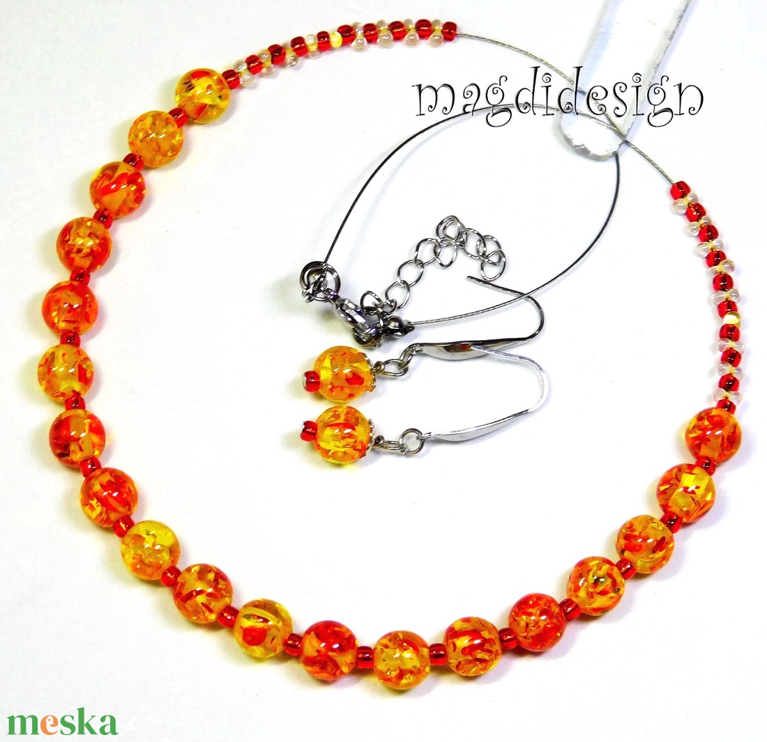 Tüzes napsúgár gyöngyékszer szett nyaklánc fülbevaló - ékszer - ékszerszett - Meska.hu