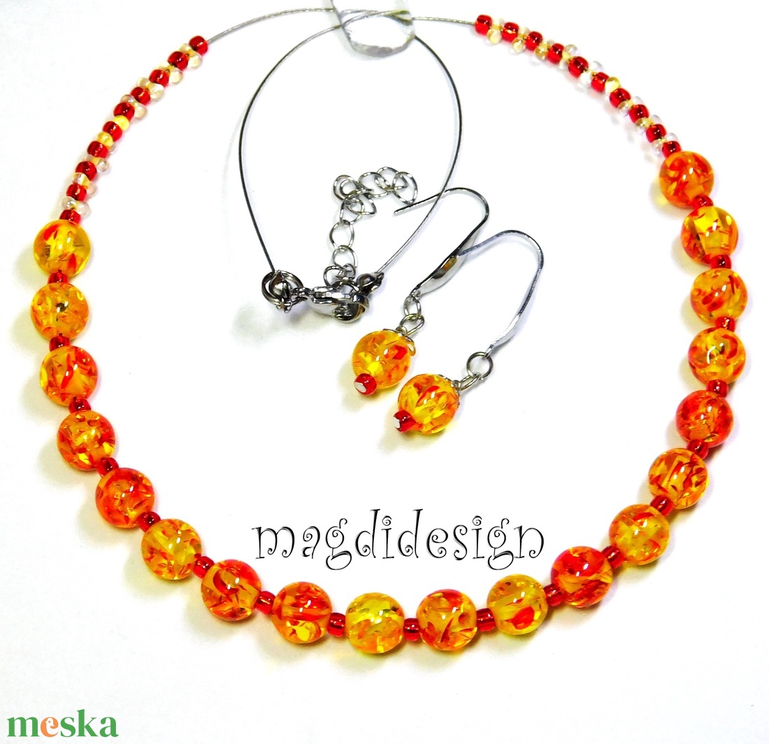 Tüzes napsúgár gyöngyékszer szett nyaklánc fülbevaló - ékszer - ékszerszett - Meska.hu