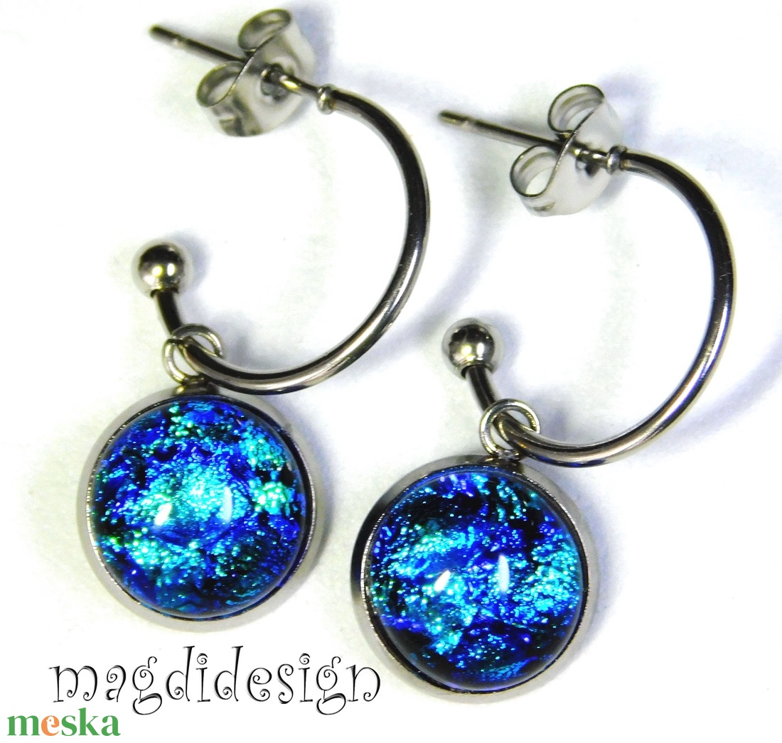 Kék csillámtenger dichroic üvegékszer stiftes lógós nemesacél fülbevaló - ékszer - fülbevaló - lógó fülbevaló - Meska.hu