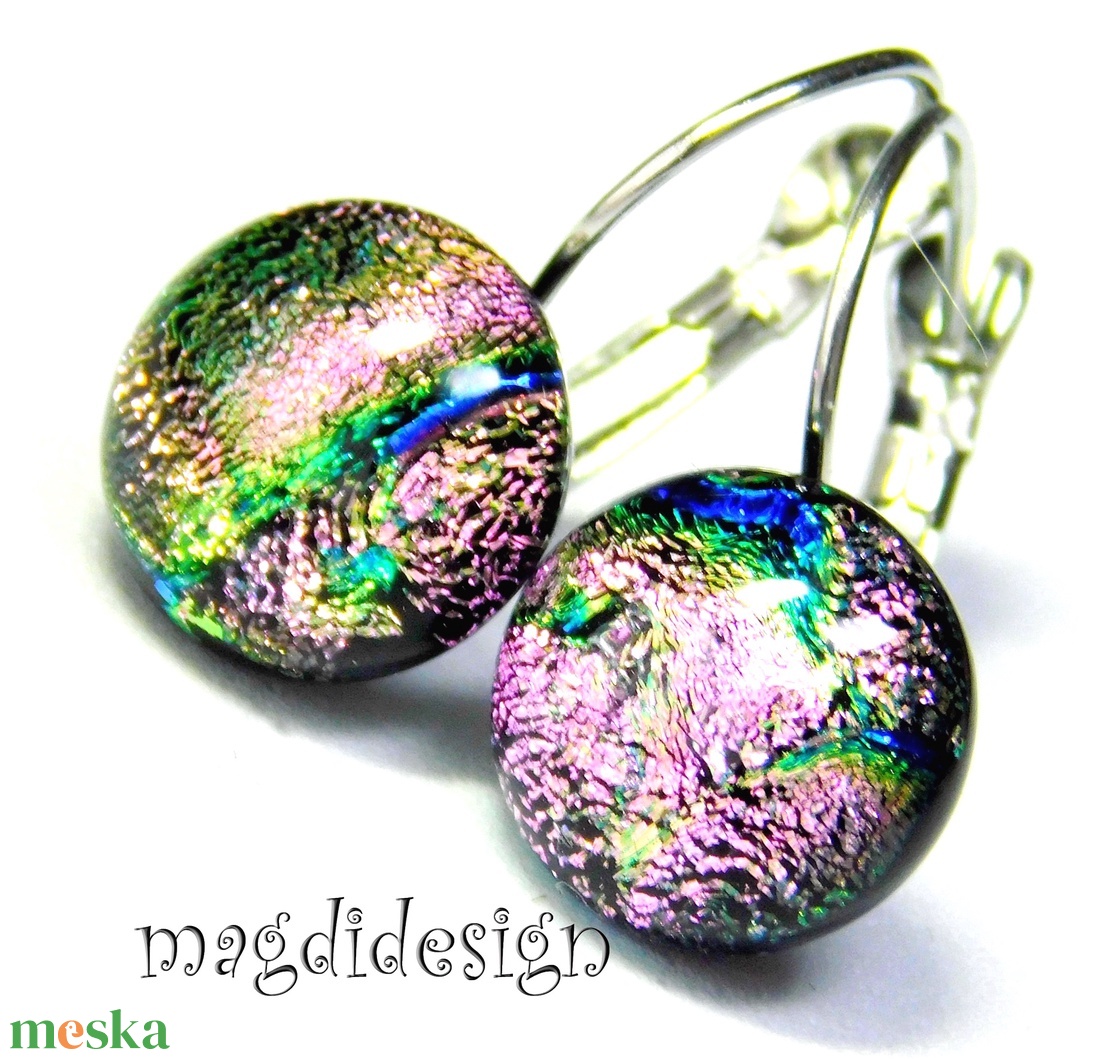 Pinkes-rózsaszín dichroic üvegékszer kapcsos fülbevaló - ékszer - fülbevaló - lógó fülbevaló - Meska.hu