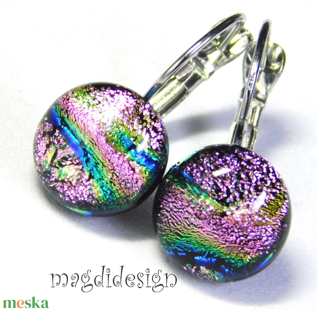 Pinkes-rózsaszín dichroic üvegékszer kapcsos fülbevaló 1 - ékszer - fülbevaló - lógó fülbevaló - Meska.hu