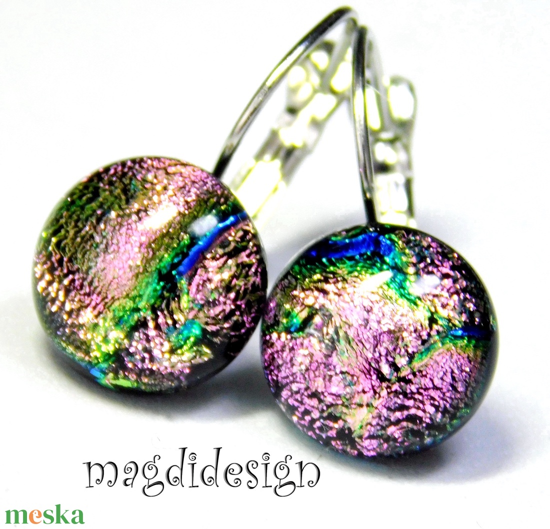 Pinkes-rózsaszín dichroic üvegékszer kapcsos fülbevaló - ékszer - fülbevaló - lógó fülbevaló - Meska.hu