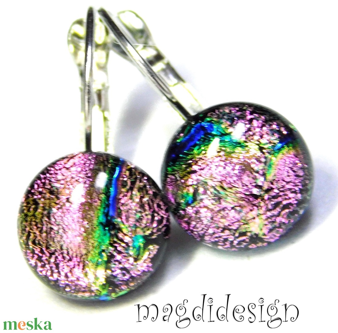 Pinkes-rózsaszín dichroic üvegékszer kapcsos fülbevaló 1 - ékszer - fülbevaló - lógó fülbevaló - Meska.hu