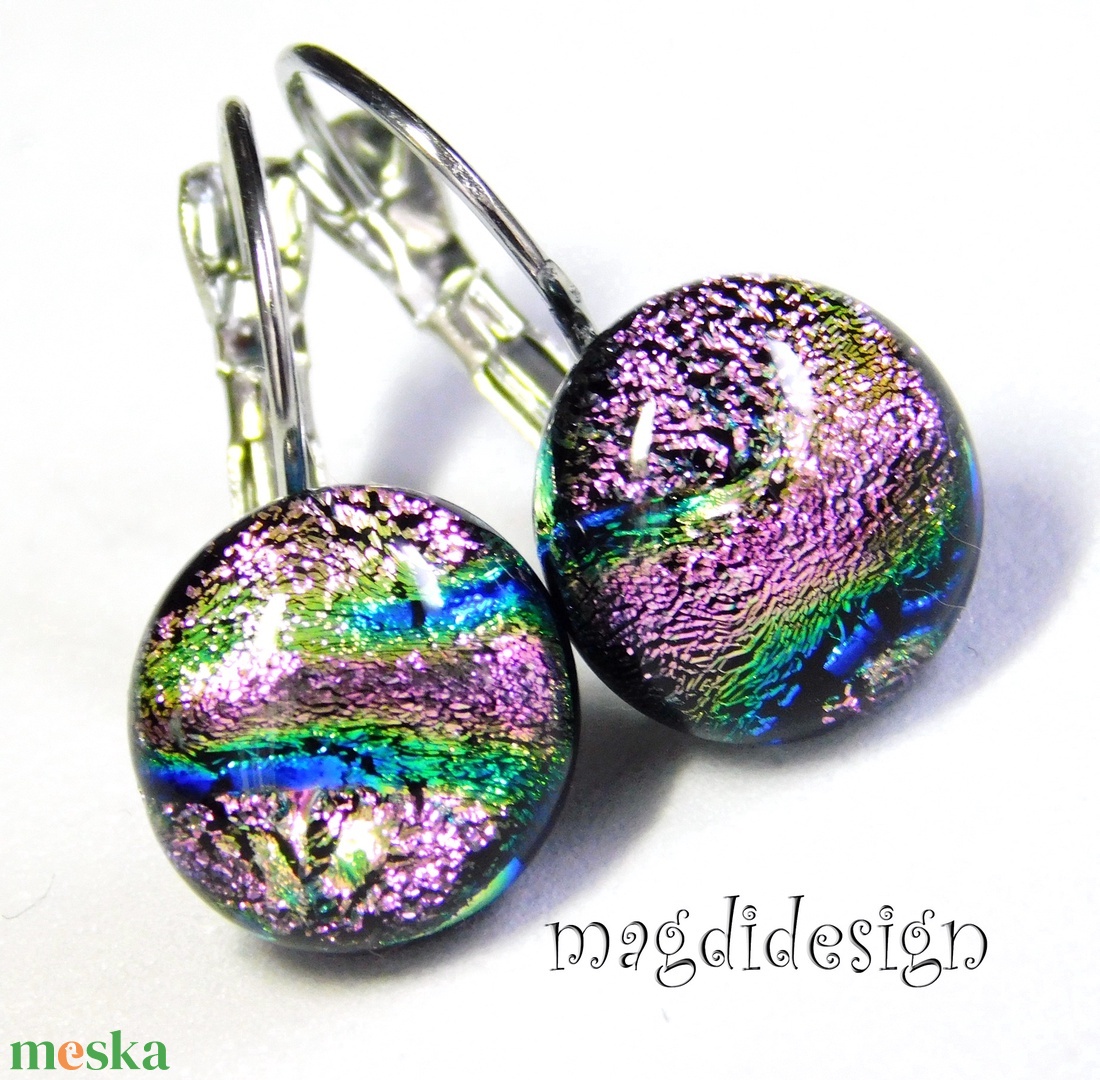 Pinkes-rózsaszín dichroic üvegékszer kapcsos fülbevaló 1 - ékszer - fülbevaló - lógó fülbevaló - Meska.hu
