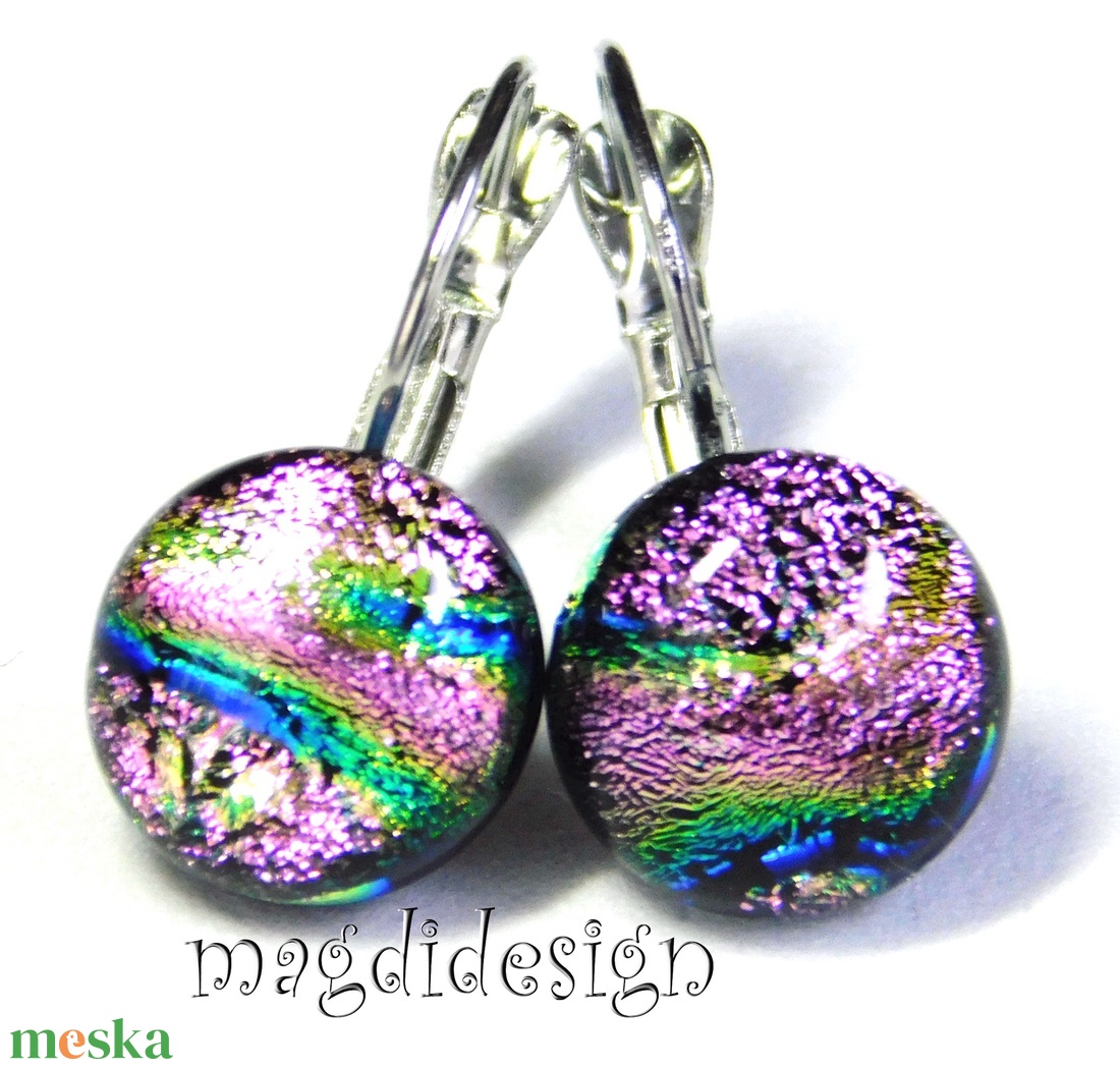 Pinkes-rózsaszín dichroic üvegékszer kapcsos fülbevaló 1 - ékszer - fülbevaló - lógó fülbevaló - Meska.hu