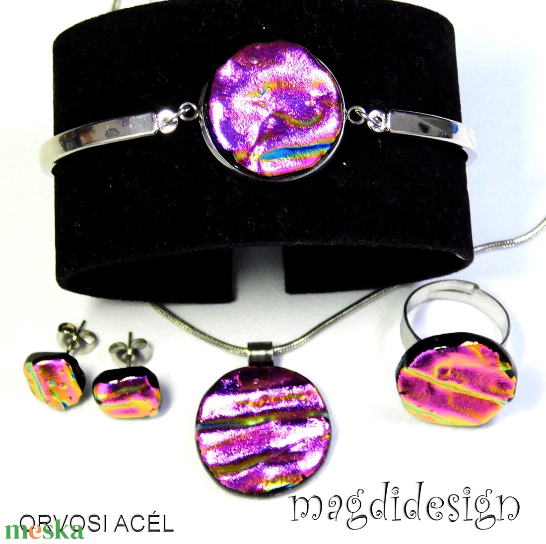 Pink-arany hullámok üvegékszer szett, nyaklánc, karkötő, gyűrű, fülbevaló - ékszer - ékszerszett - Meska.hu