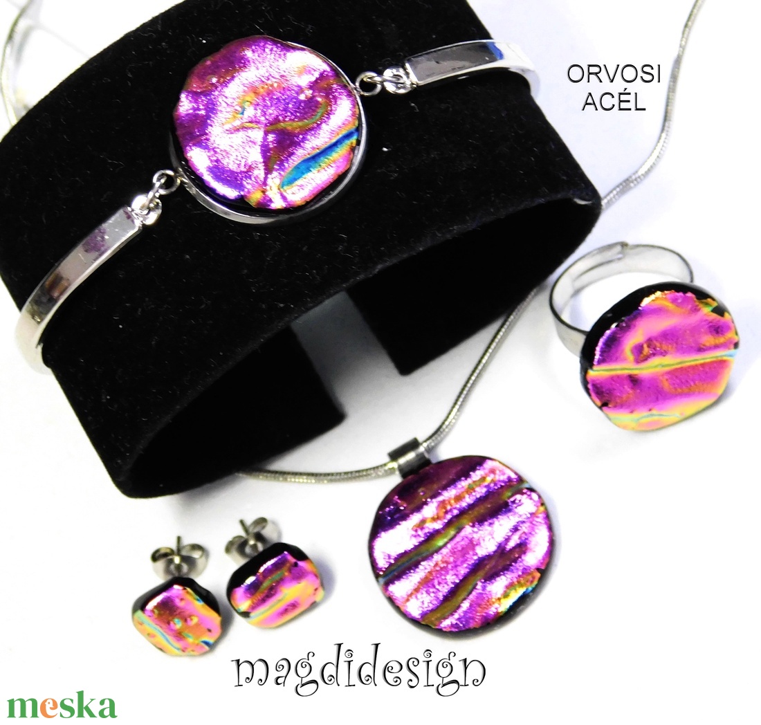 Pink-arany hullámok üvegékszer szett, nyaklánc, karkötő, gyűrű, fülbevaló - ékszer - ékszerszett - Meska.hu