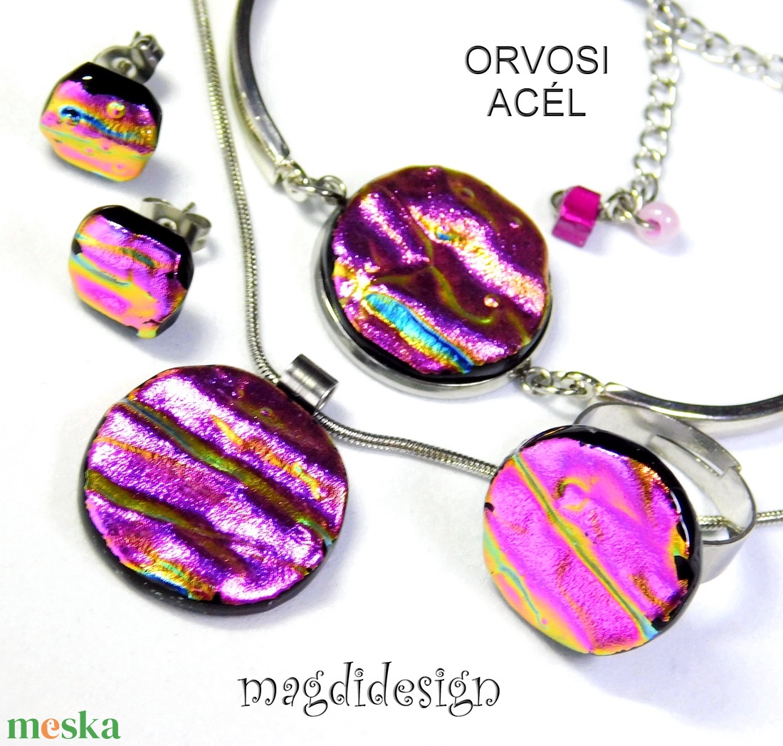 Pink-arany hullámok üvegékszer szett, nyaklánc, karkötő, gyűrű, fülbevaló - ékszer - ékszerszett - Meska.hu