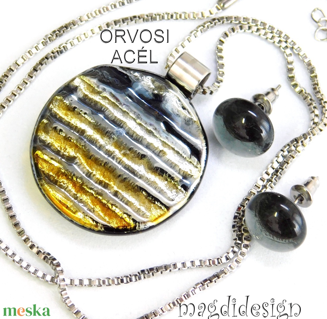 Ezüst-arany selyemcukor üvegékszer szett nyaklánc stiftes fülbevaló  - ékszer - ékszerszett - Meska.hu