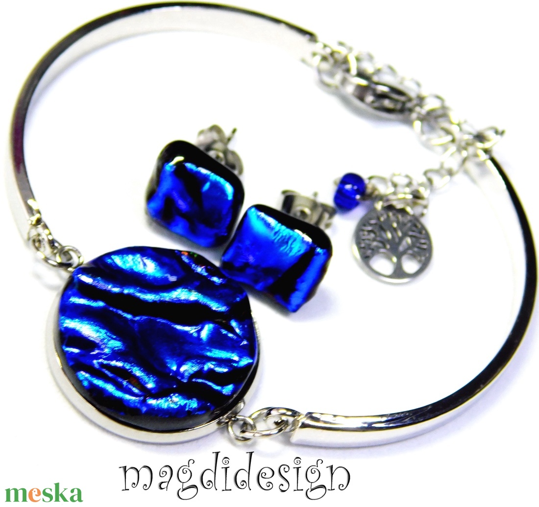 Királykék üvegékszer szett karkötő, stiftes fülbevaló - ékszer - ékszerszett - Meska.hu