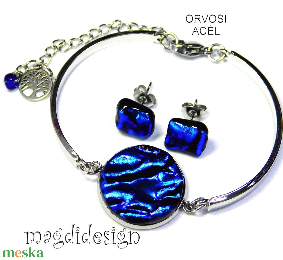 Királykék üvegékszer szett karkötő, stiftes fülbevaló - ékszer - ékszerszett - Meska.hu
