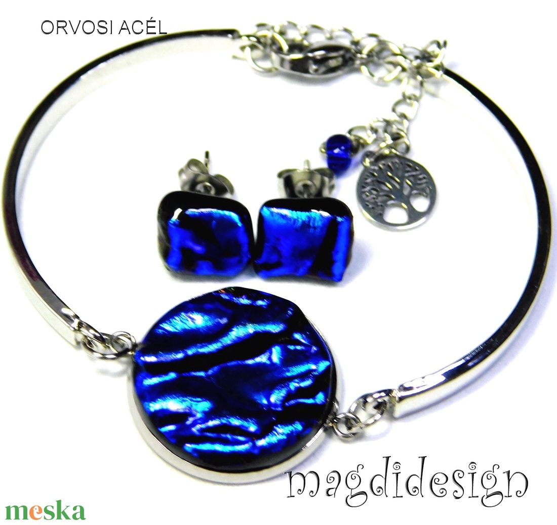 Királykék üvegékszer szett karkötő, stiftes fülbevaló - ékszer - ékszerszett - Meska.hu