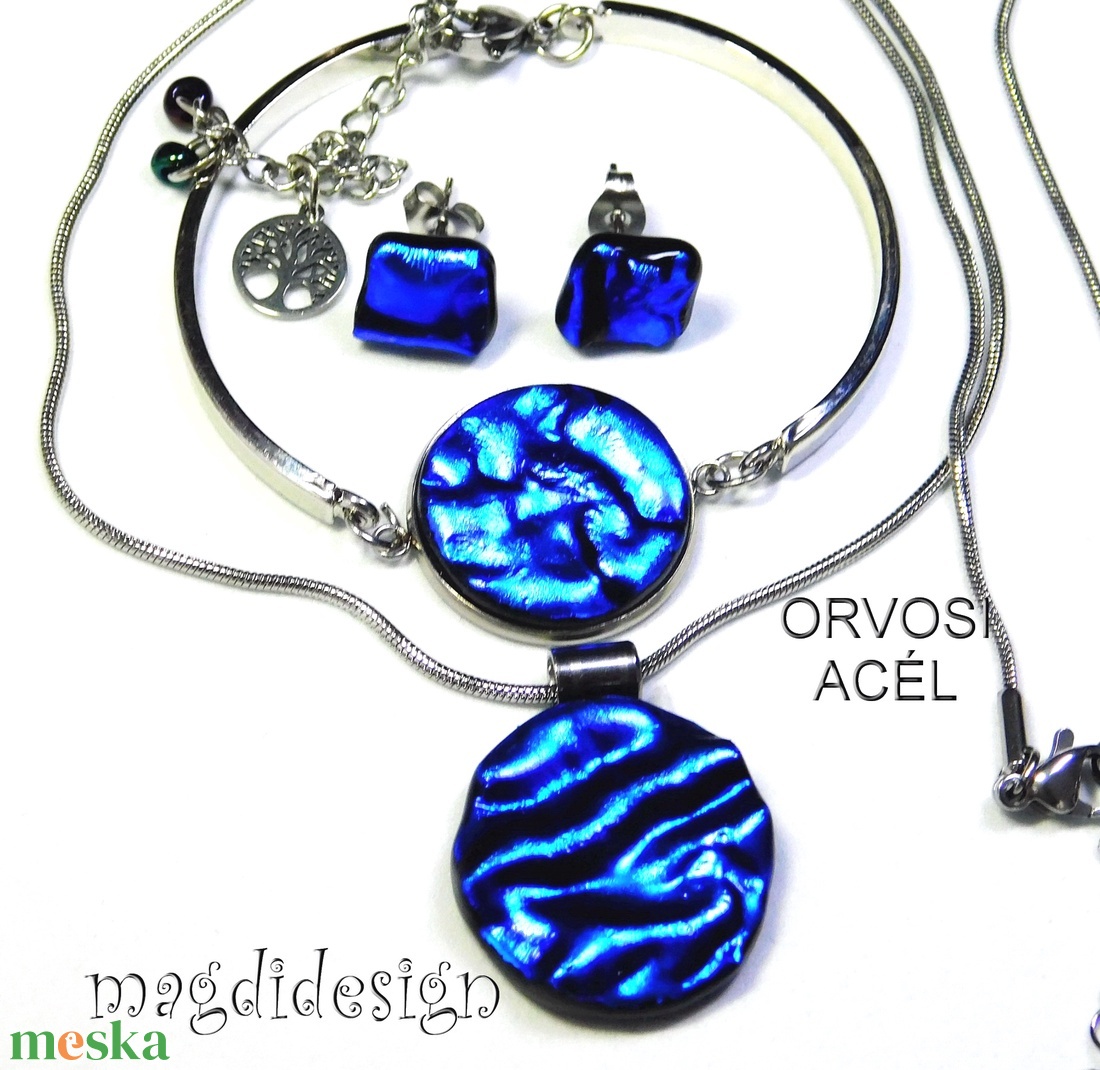 Királykék üvegékszer szett nyaklánc karkötő, stiftes fülbevaló - ékszer - ékszerszett - Meska.hu