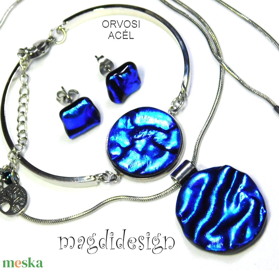 Királykék üvegékszer szett nyaklánc karkötő, stiftes fülbevaló - ékszer - ékszerszett - Meska.hu