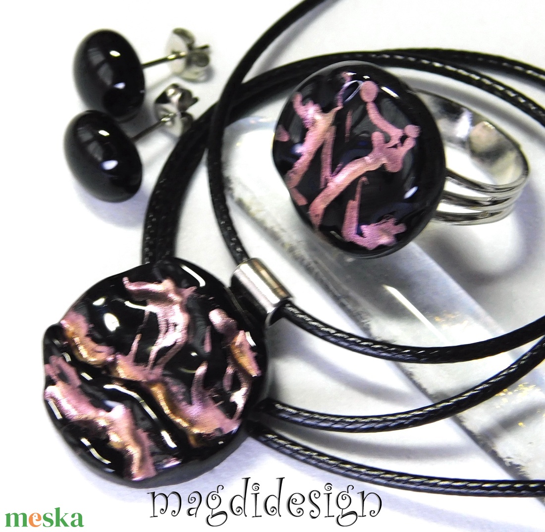 Beige fekete galaxis üvegékszer szett, nyaklánc, gyűrű, pötty fülbevaló - ékszer - ékszerszett - Meska.hu