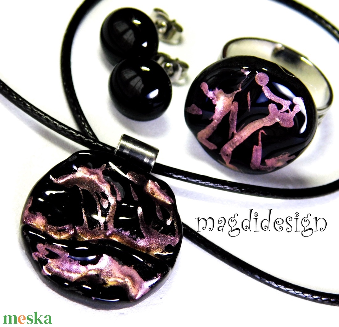 Beige fekete galaxis üvegékszer szett, nyaklánc, gyűrű, pötty fülbevaló - ékszer - ékszerszett - Meska.hu