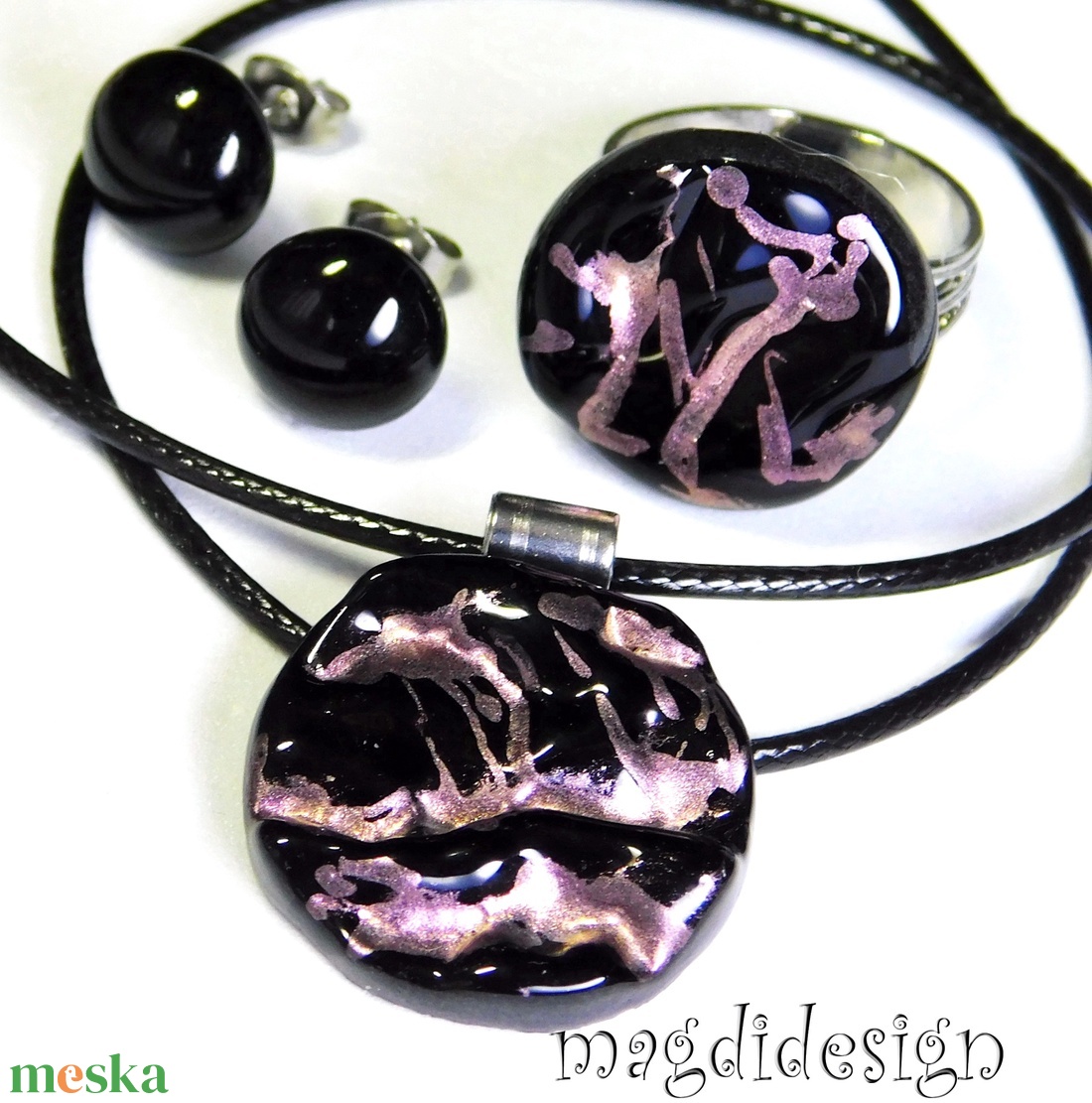 Beige fekete galaxis üvegékszer szett, nyaklánc, gyűrű, pötty fülbevaló - ékszer - ékszerszett - Meska.hu