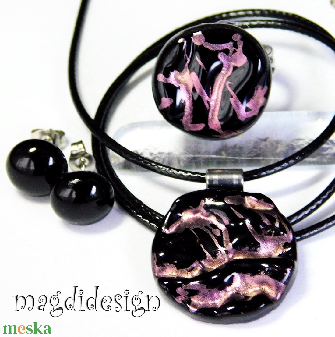 Beige fekete galaxis üvegékszer szett, nyaklánc, gyűrű, pötty fülbevaló - ékszer - ékszerszett - Meska.hu