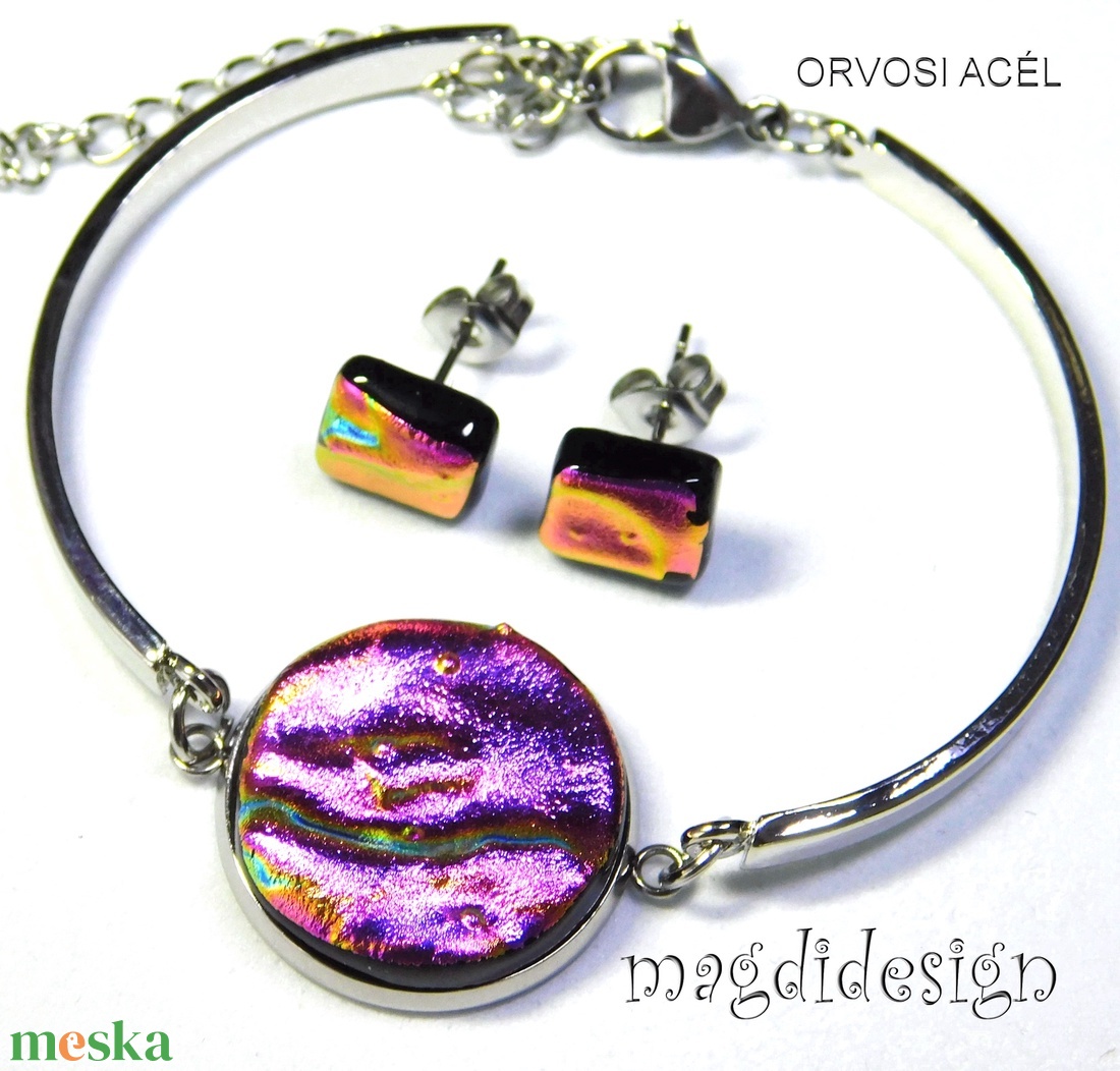 Pink-arany hullámok üvegékszer szett, karkötő,  fülbevaló - ékszer - ékszerszett - Meska.hu