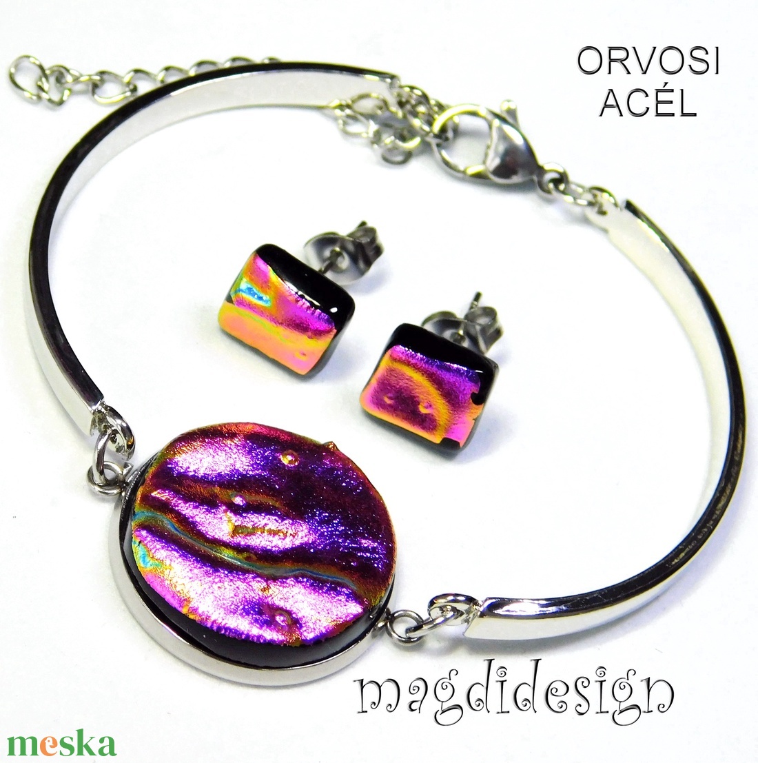 Pink-arany hullámok üvegékszer szett, karkötő,  fülbevaló - ékszer - ékszerszett - Meska.hu