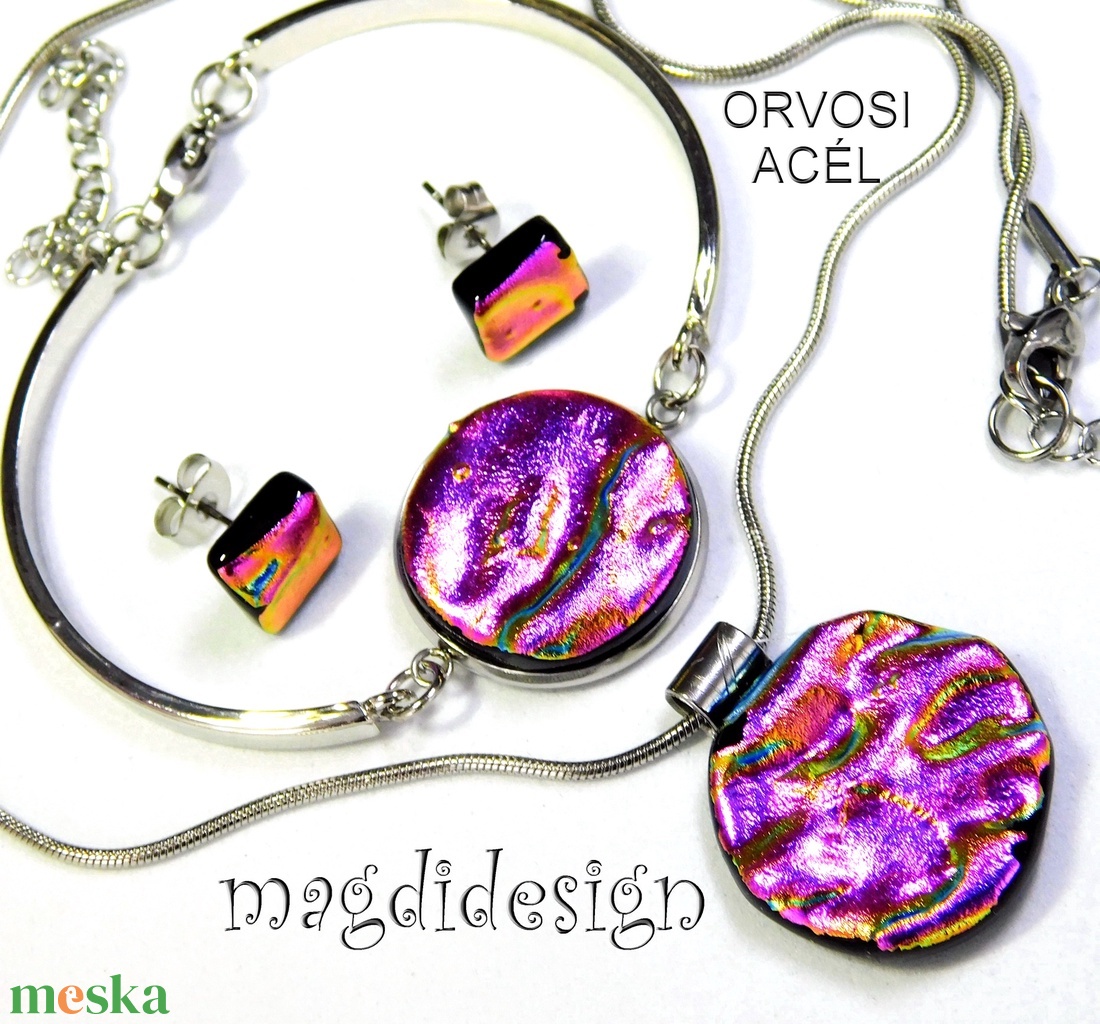 Pink-arany hullámok üvegékszer szett, karkötő,  fülbevaló - ékszer - ékszerszett - Meska.hu