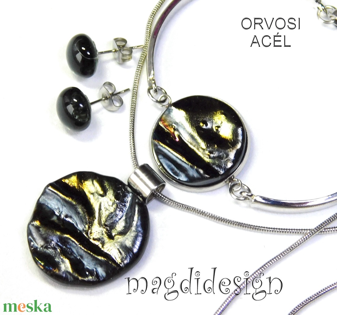 Ezüstös óarany üvegékszer szett nyaklánc karkötő, stiftes fülbevaló - ékszer - ékszerszett - Meska.hu