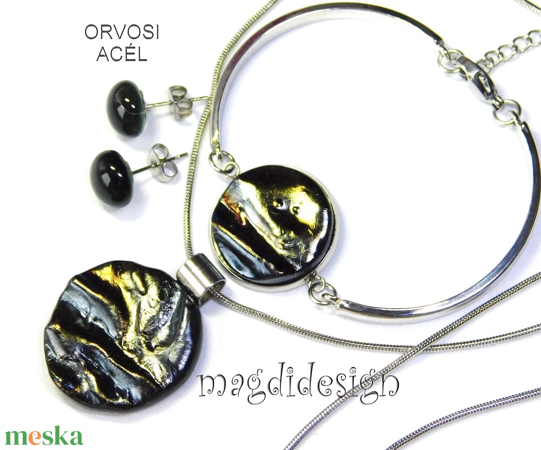 Ezüstös óarany üvegékszer szett nyaklánc karkötő, stiftes fülbevaló - ékszer - ékszerszett - Meska.hu