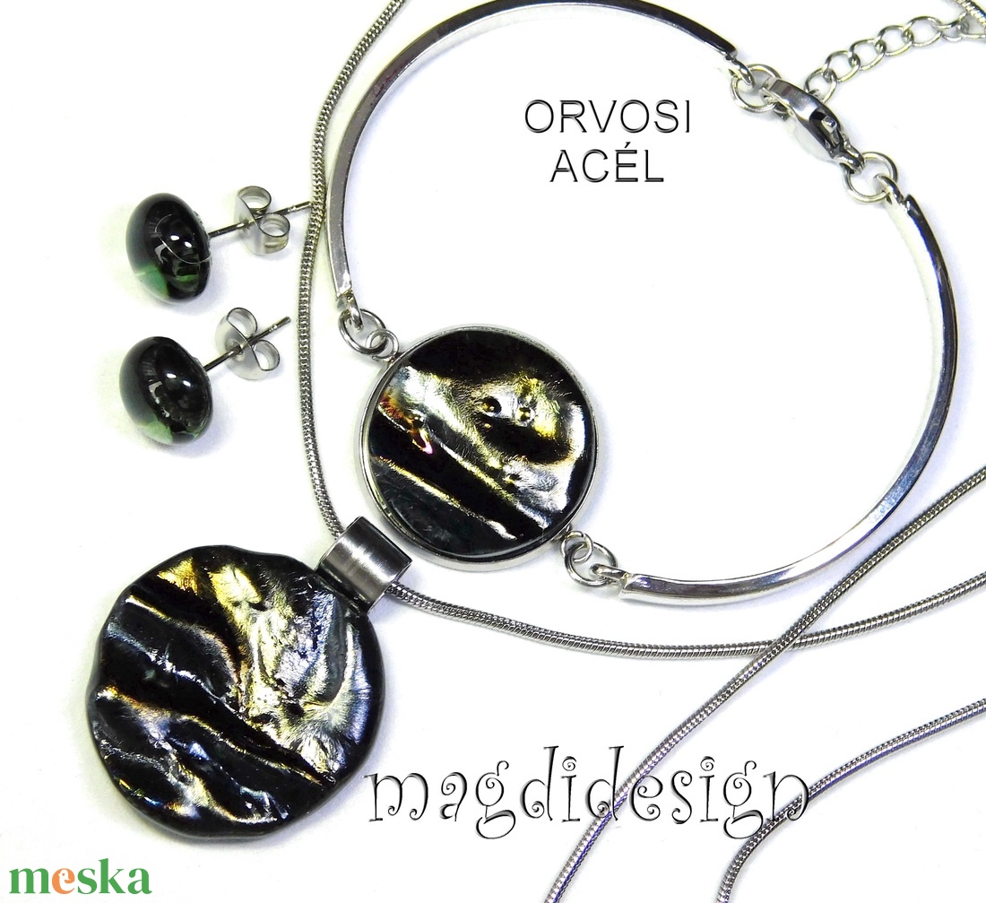 Ezüstös óarany üvegékszer szett nyaklánc karkötő, stiftes fülbevaló - ékszer - ékszerszett - Meska.hu