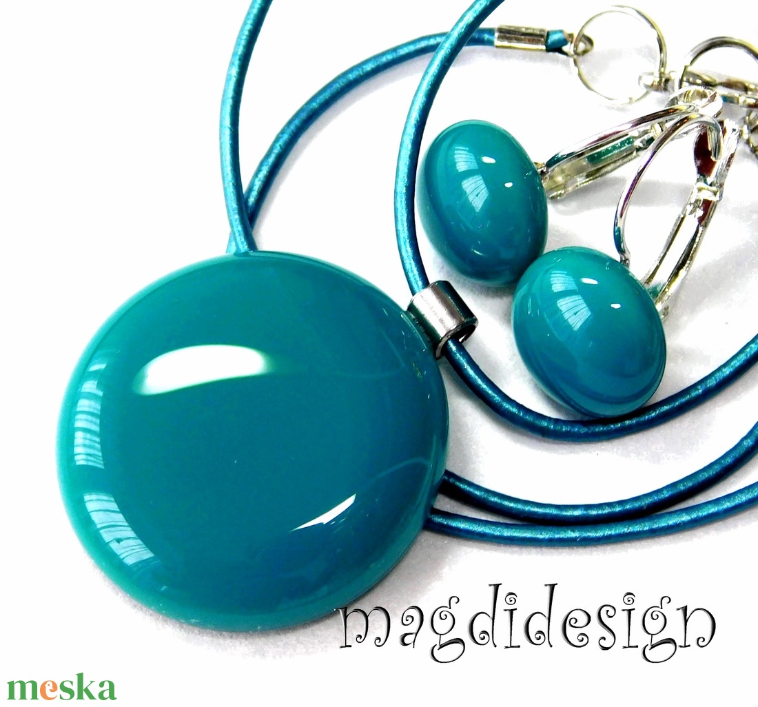 Türkiz üvegékszer szett, nyaklánc, kapcsos fülbevaló - Ballagásra, születésnapra, névnapra - ékszer - ékszerszett - Meska.hu